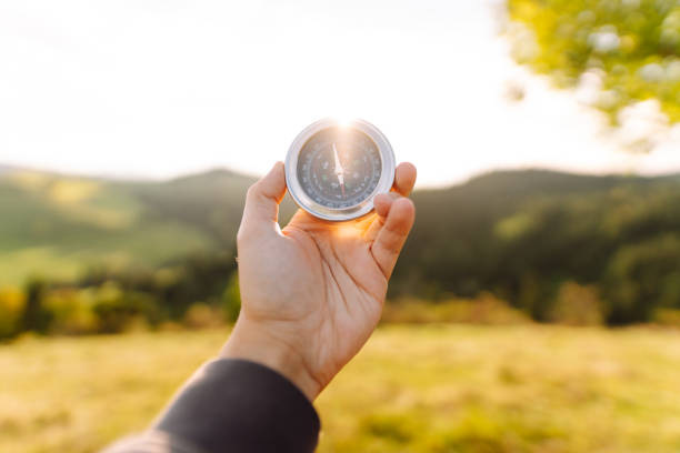 istock Close-up of tourist's hand with compass. 2203631767