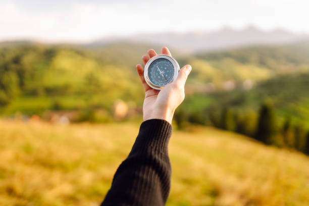 istock Close-up of tourist's hand with compass. 2203631793