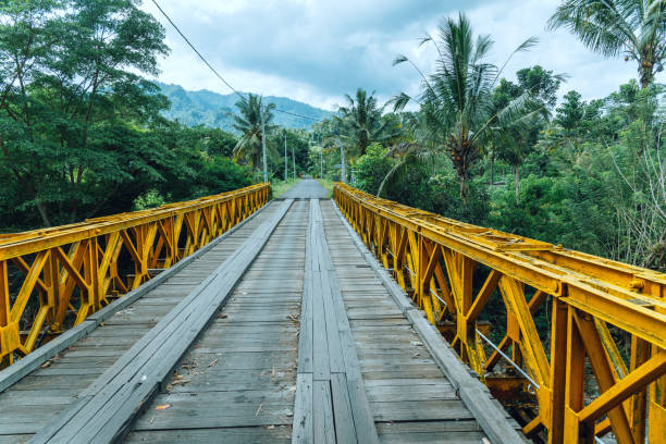 A rustic wooden bridge adorned with yellow metal rails, nestled in Bali's lush tropical greenery and picturesque landscape under a cloudy sky.