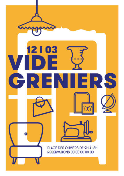 Poster for an event selling items, flea market, garage sale, A4 format in two colors with icons representing second-hand items for sale, such as a sewing machine, clothes, a lamp, objects, a vase, a bag, accessories, a mirror, frames, and an armchair.