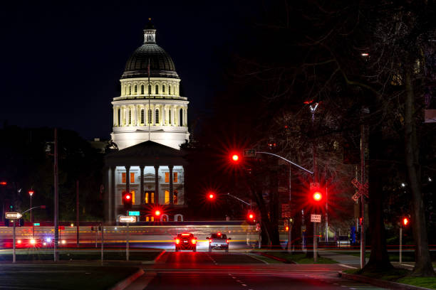 Nighttime photo of the California State Capitol building in Sacramento, CA