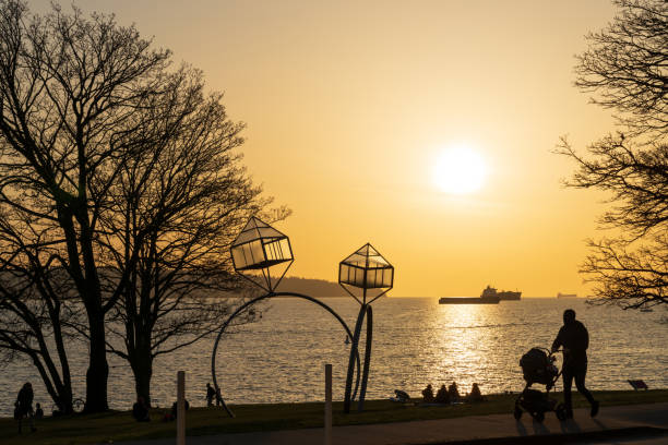Vancouver, BC, Canada - March 30 2021 : Engagement sculpture at Sunset Beach, Vancouver City beautiful landscape.