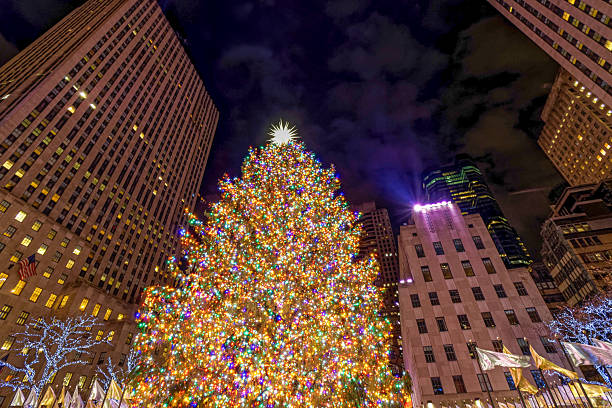 Giant Christmas tree and buildings at Rockefeller Center