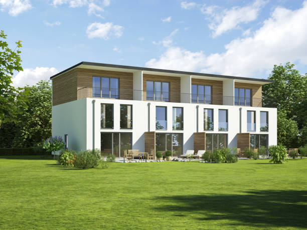 istock Modern town houses with wooden elements 2203640479