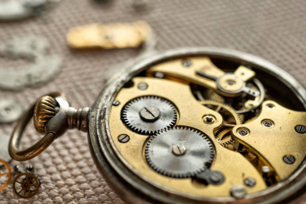 mechanical analog stopwatch on a colored background. Time part precision. Measurement of the speed interval