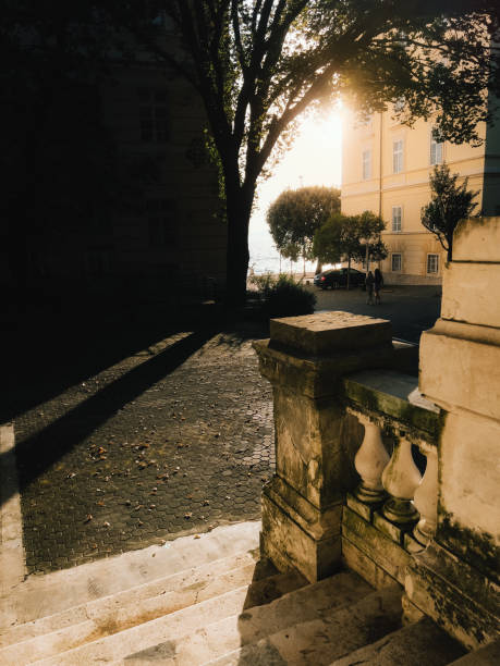 Sun shining through trees, illuminating stone stairs and railing. Warm sunlight filters through leaves of trees, casting golden glow on stone staircase and railing, creating a picturesque urban scene