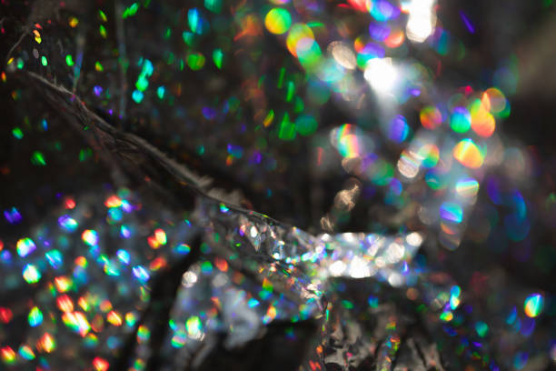 Soft focus, crumpled holographic metallic foil with a small pattern, shimmering in different colors.