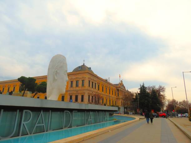 Madrid, Spain - Public art. Julia, a sculpture by Jaume Plensa, in Plaza de Colon in Madrid The 12metre-high white marble head offers a peaceful presence amidst the urban environment.