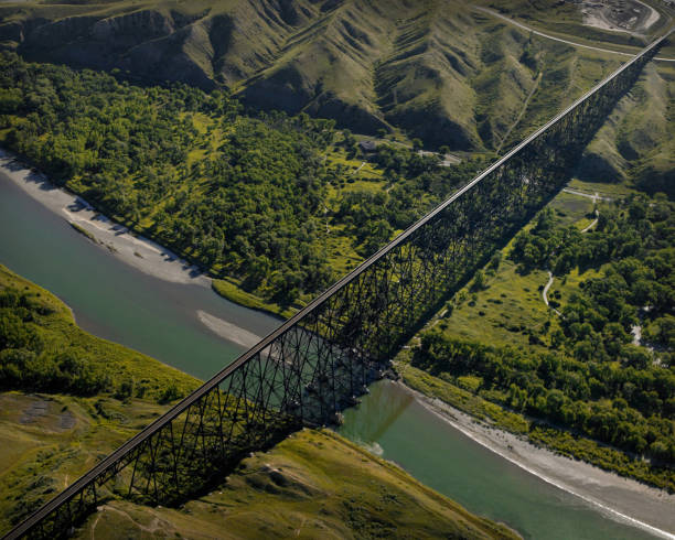 Long trestle bridge and hilly landscape