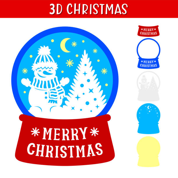 3D Christmas Snow Globe with Snowman and tree. 3D Christmas Snow Globe with Snowman and tree. Merry Christmas phrase. Holidays symbols. Paper or laser cut template. Vector illustration. For postcard, window and wall decorations, gift. snow globe empty silhouette stock illustrations