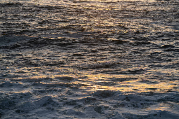 Waves crash energetically in the sea during sunset. The sky exhibits a warm gradient of orange and red hues, casting a golden reflection on the water’s surface. Splashes from the waves add a dynamic element, while the fading sunlight creates a serene, picturesque scene. The composition captures the interplay of light and movement in a coastal setting, emphasizing the natural beauty of the ocean at this time of day.
