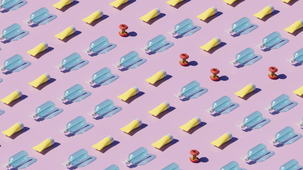 Plastic and Food Waste systematically arranged on a glossy, reflective pink surface. Symbolizing waste management, recycling, and environmental impact. 3D render.