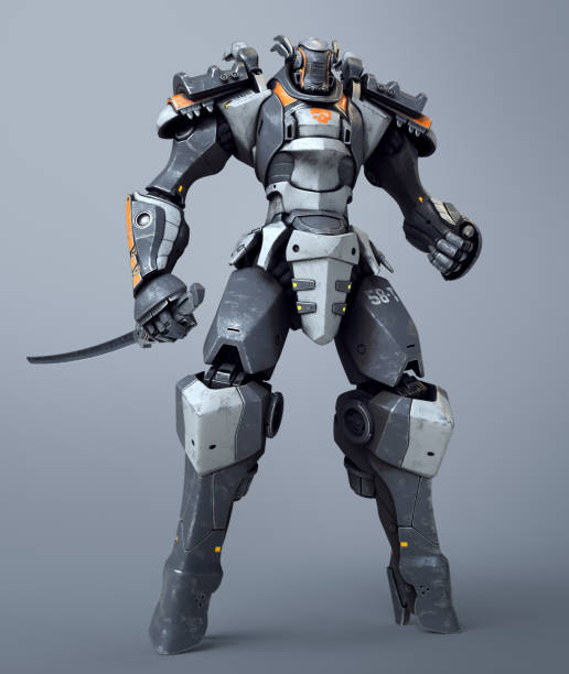istock 3d render mech samurai warrior standing and holding katana sword in his hand. Robot hand clenched in fist. Futuristic robot with white and gray color metal. Sci-fi Mech Battle on gray background 2203679382