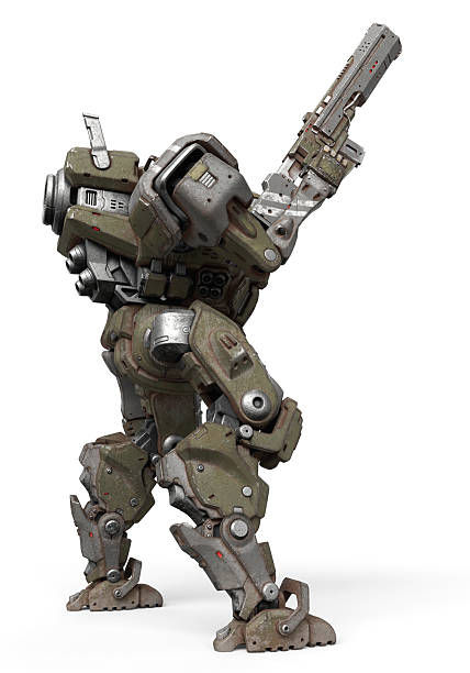 istock 3d render sci-fi mechanical mech soldier standing with assault gun in one hand. Concept art of military storm trooper robot green gray color scratched metal armor isolated on white background 2203680728