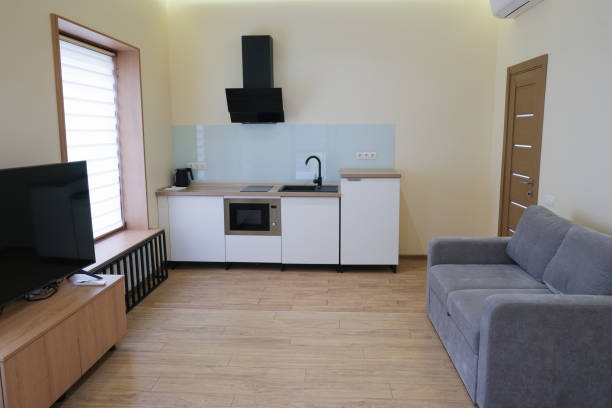istock Interior of a studio kitchen in a country hotel room. 2203681641