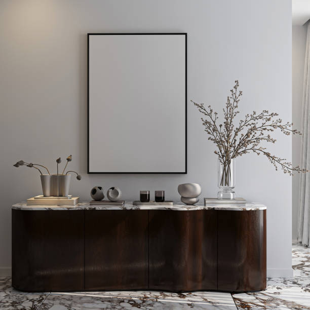 Frame mockup, ISO A paper size. Living room wall poster mockup. Interior mockup with house background. Modern interior design. 3D render