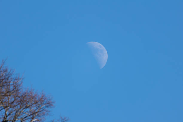 A large moon is in the sky above a blue sky. The moon is in the middle of the sky and is the only object visible