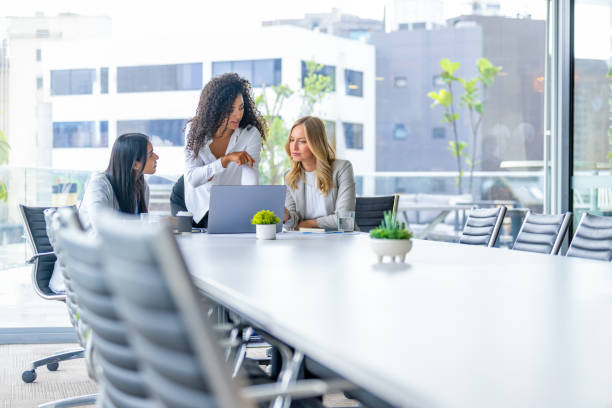 istock Three business  women meeting. They are discussing something while looking at a laptop computer 2203692309