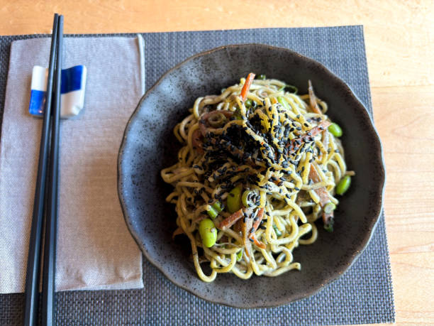 Japanese Meal: Soba Noodles, Chopsticks, Overhead Shot