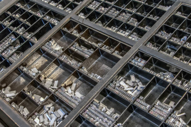 Eguipment of Typography workshop. A many old Metallic Letters for Printing.