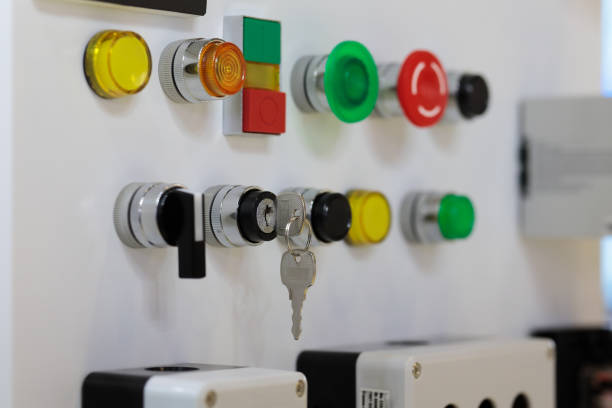 Industrial control board with switches and buttons. Selective focus.