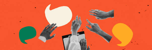 istock Contemporary art design. Raised hands and floating speech bubbles over clipboard against vibrant orange background. Concept of discussion, idea exchange. 2203713314