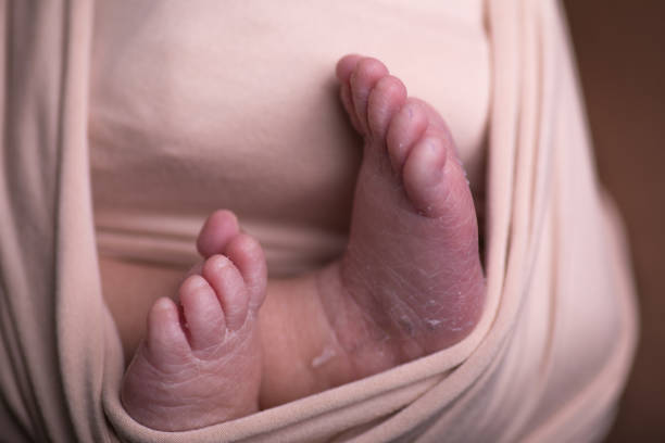 Little newborn baby feet close up