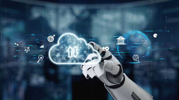 istock Futuristic Robotic Hand Interacting with Cloud Technology and Digital Icons for Business and Innovation Concepts in a Modern Digital Environment. Auvana 2203725008