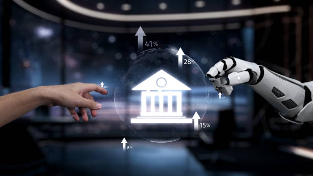 istock Futuristic Concept of Human and Robot Collaboration in Finance with Data Analytics and Banking Symbols in a High-Tech Environment. Auvana 2203725597
