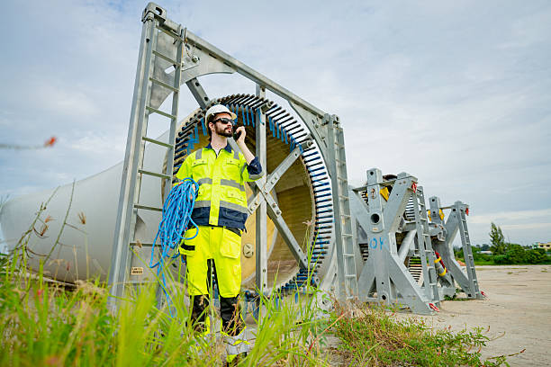 istock Construction worker overseeing machinery setup at a wind turbine site near a coastal area 2203729801