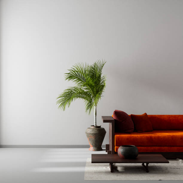 istock living room interior mock up with modern furnitures. Empty wall mock up in modern interior design. 3D illustration 2203733477