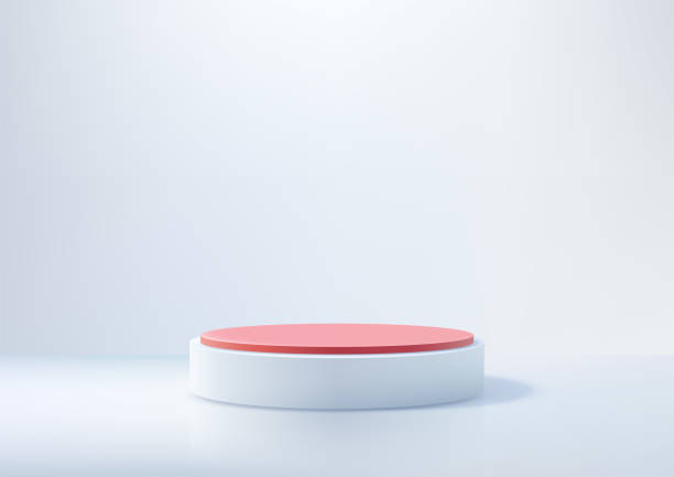 istock minimalist white cylindrical pedestal with red top on gradient background, clean 3d product display mockup 2203735629