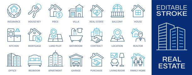 illustrazioni stock, clip art, cartoni animati e icone di tendenza di icone della linea immobiliare, come casa, cucina, camera da letto, bagno e altro ancora. tratto modificabile. - bene immobile
