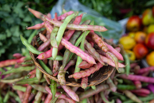 Red bean pods at a market in Oaxaca, Mexico..
