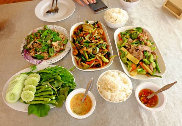 thai food, spicy pork and vegetable, fried rice