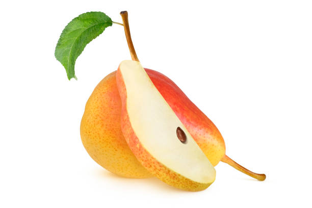 istock Red and yellow pears with leaf on isolated white background. Whole pear and slice with seed and leaf. 2 pears. 2203752052