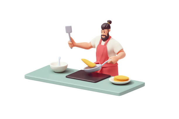 3d render of young casual muscular cute funny kawaii handsome smiling bearded brunette man in t-shirt, red apron happily cooking pancakes for family in his kitchen at home in morning, white background