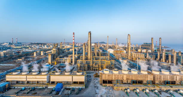 istock Aerial panoramic view of a large industrial complex on the coast 2203753144