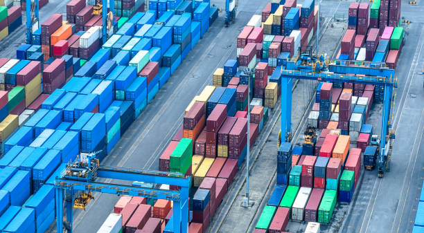 istock Aerial view of cargo container yard for logistics import export business 2203753222