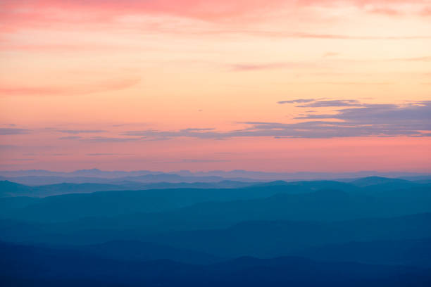 Sunset over mountain range with tree and field in foreground
