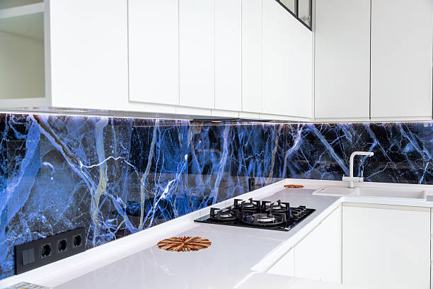 istock A kitchen with a blue marble wall and a white countertop 2203765339