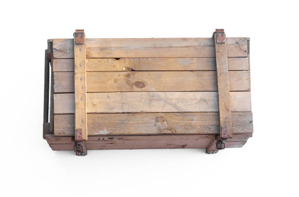 old big wooden box with lid isolated on white background