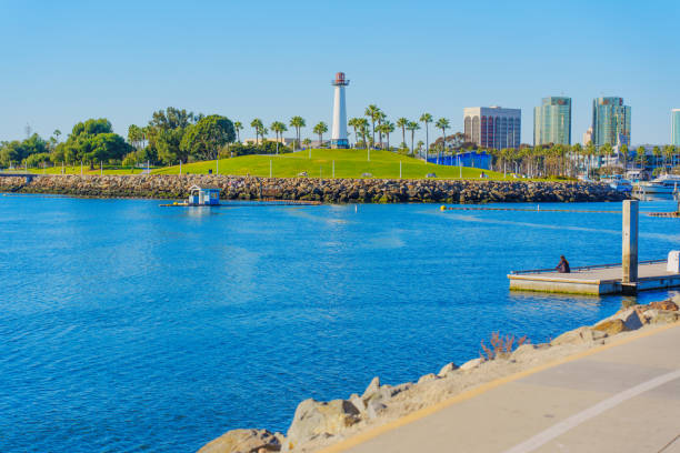 Long Beach, California - January 15, 2025: View of Lions Lighthouse with palm trees and calm waters in Long Beach.