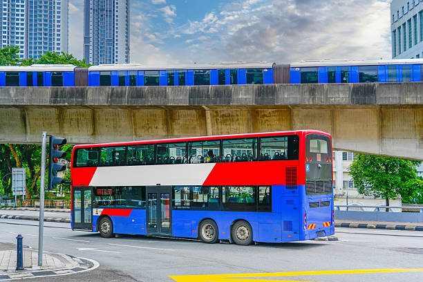 istock Double-decker city bus travels along a route under a bridge with a metro train passing above 2203774567