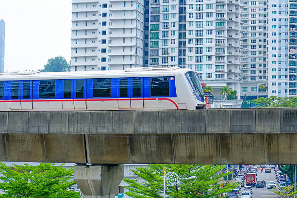 istock High-speed, driverless metro train travels across a city skyline on a bridge interchange against the backdrop of buildings 2203774569