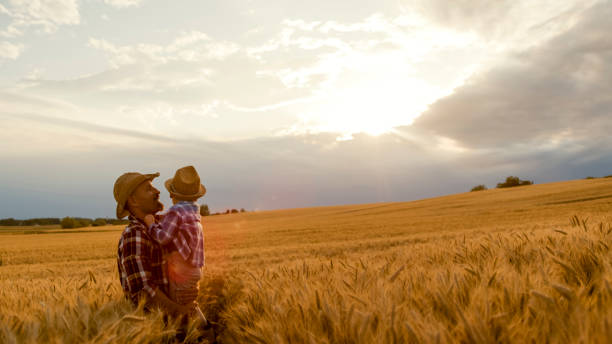 istock Father and Son in Golden Wheat Field Under Sunset Sky 2203778175