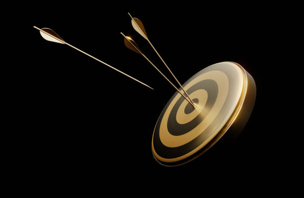 istock Gold Colored Arrows And Dart Object On Black Background 2203781202