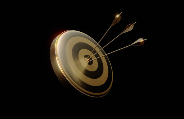 istock Gold Colored Arrows And Dart Object On Black Background 2203781257