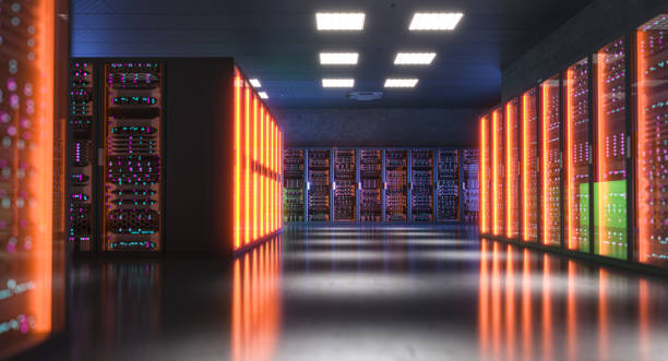 istock Server room glowing with futuristic red lights in a data center 2203785179