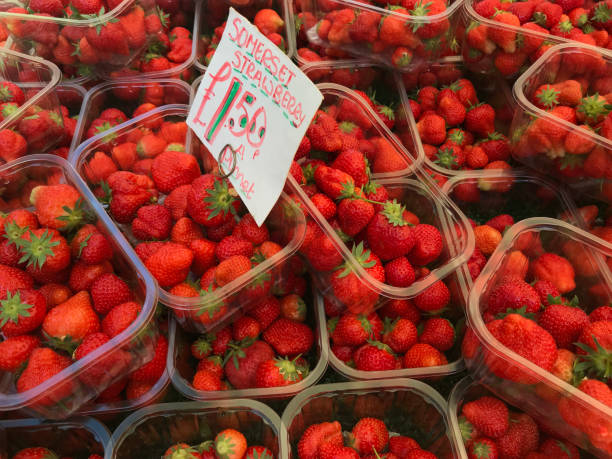Somerset strawberries for sale on market stall